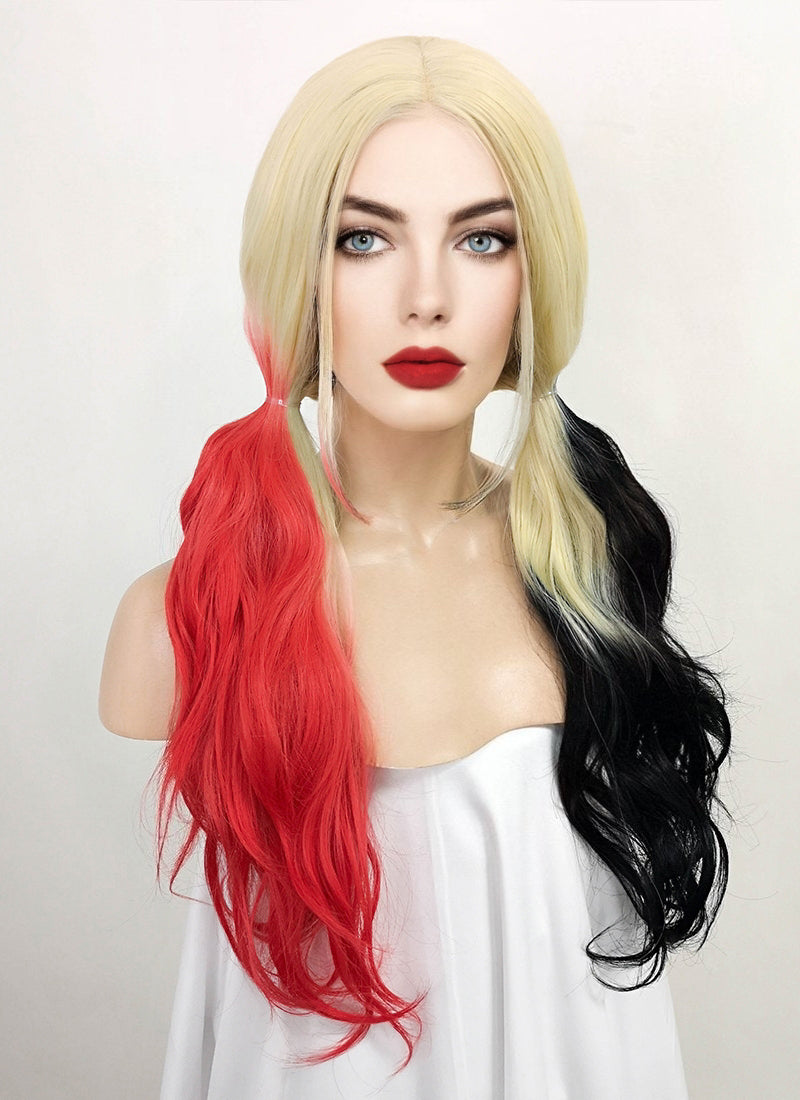 Blonde Harley Quinn Synthetic Red Black Ponytail Wavy Lace Front