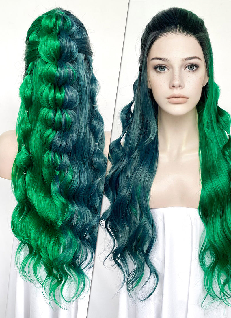 Blue Green Split Gemini Color With Dark Roots Braided Lace Front