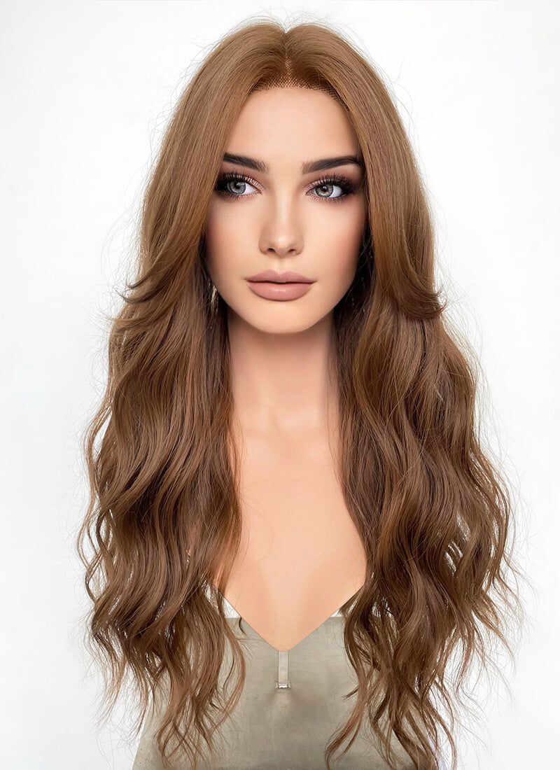 Brown Curtain Bangs Wavy Lace Front Synthetic Wig LF3294