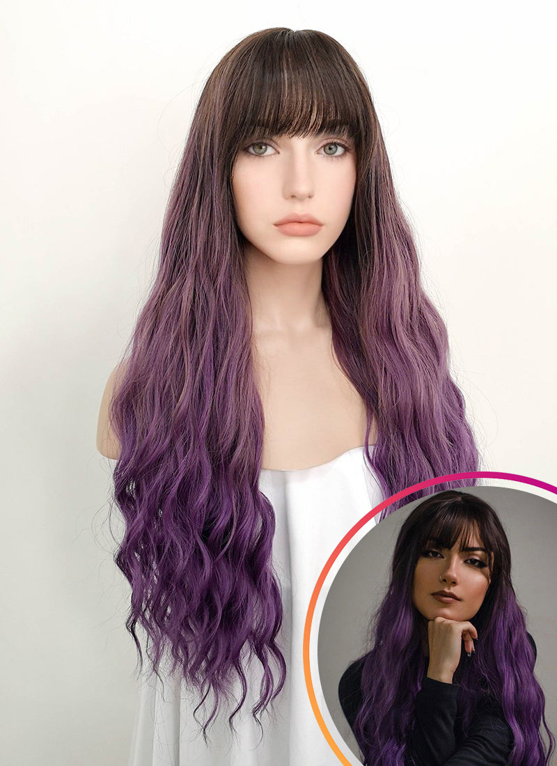 Two Tone Purple With Dark Roots Wavy Synthetic Wig NS068