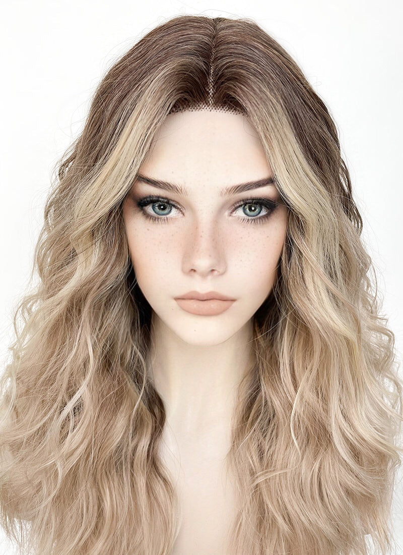 Balayage Blonde Highlights Money Piece Wavy Lace Front Synthetic Wig LF3233