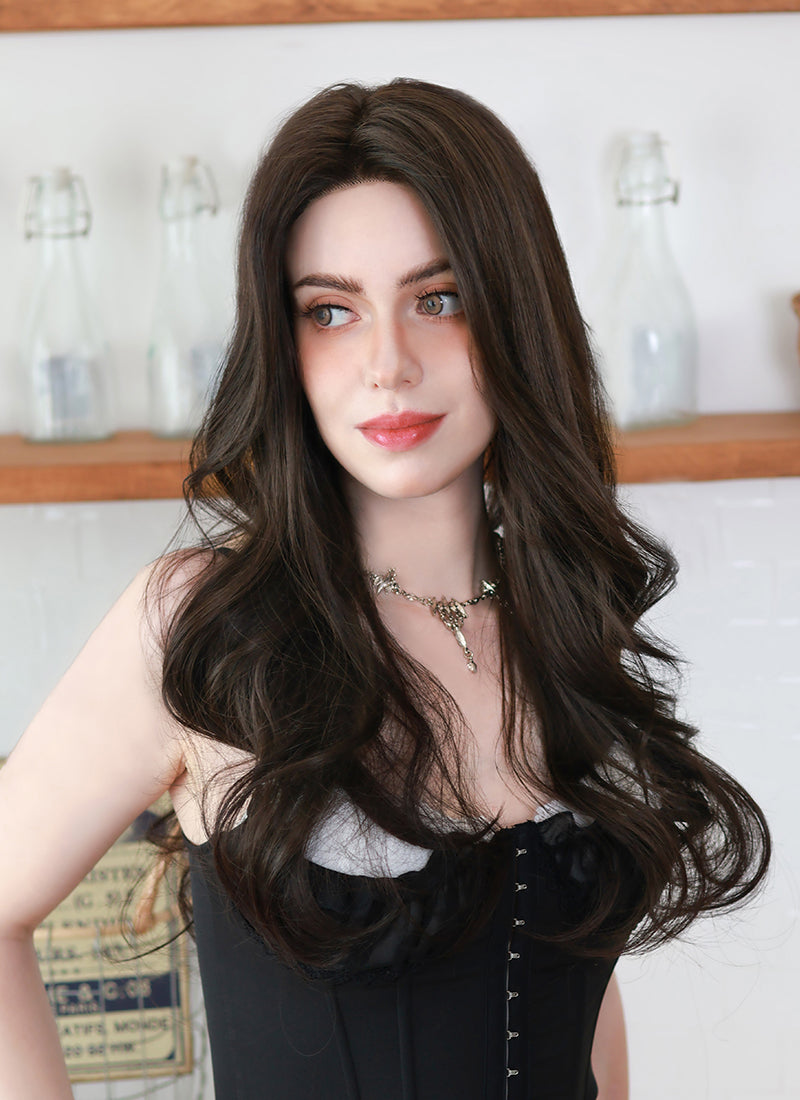 Brunette Curtain Bangs Wavy Lace Front Synthetic Hair Wig LF3337