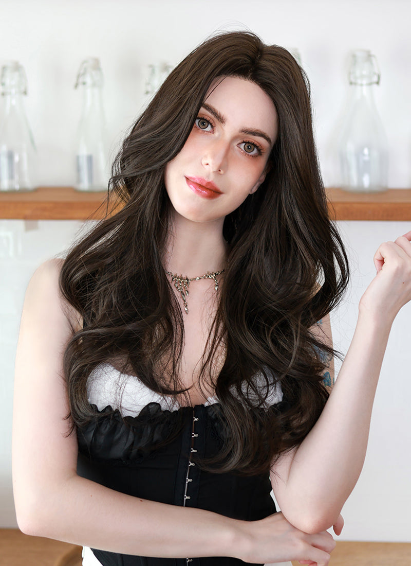 Brunette Curtain Bangs Wavy Lace Front Synthetic Hair Wig LF3337