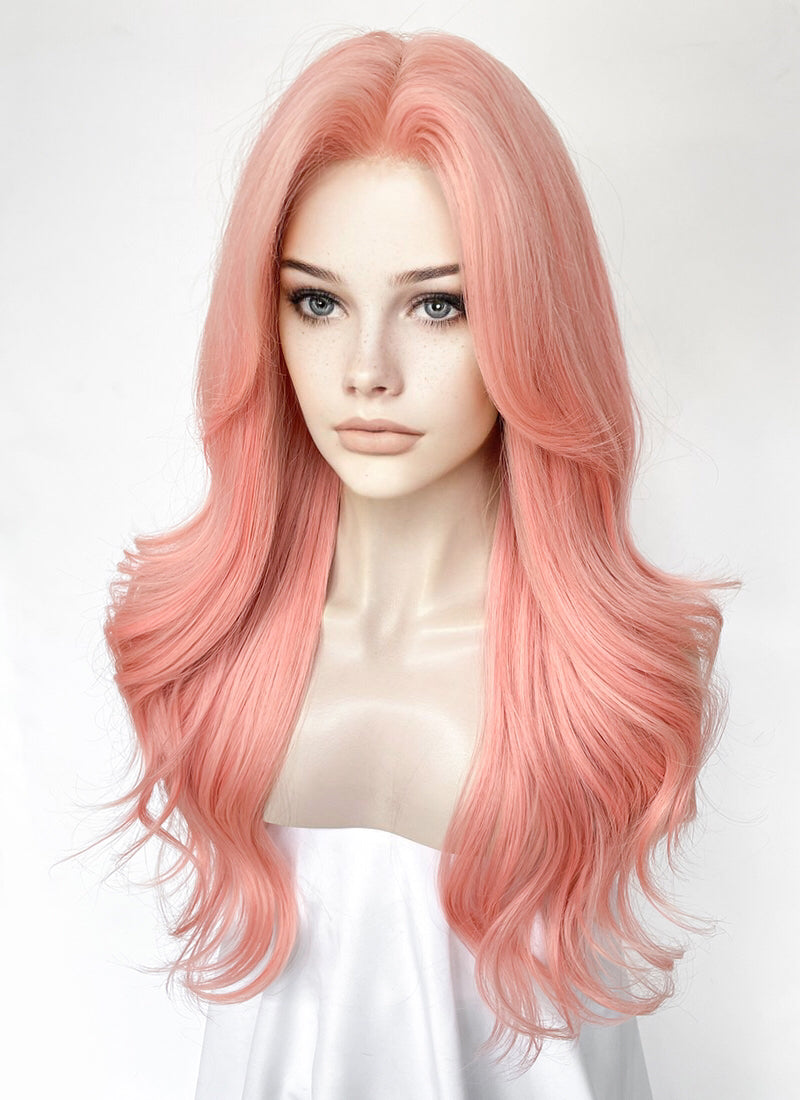 Pink Curtain Bangs Wavy Lace Front Synthetic Wig LF3347