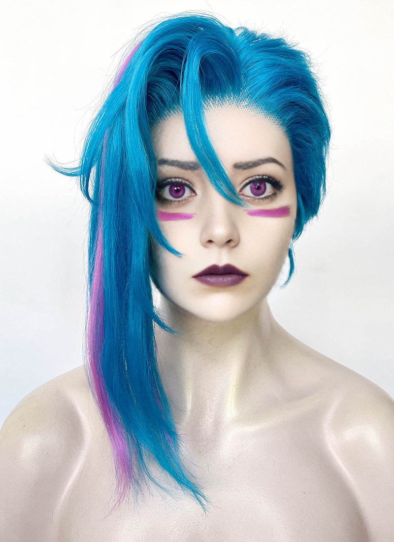 League of Legends LOL Arcane Jinx Turquoise Blue Mixed Pink Straight Lace Front Synthetic Wig LF6097