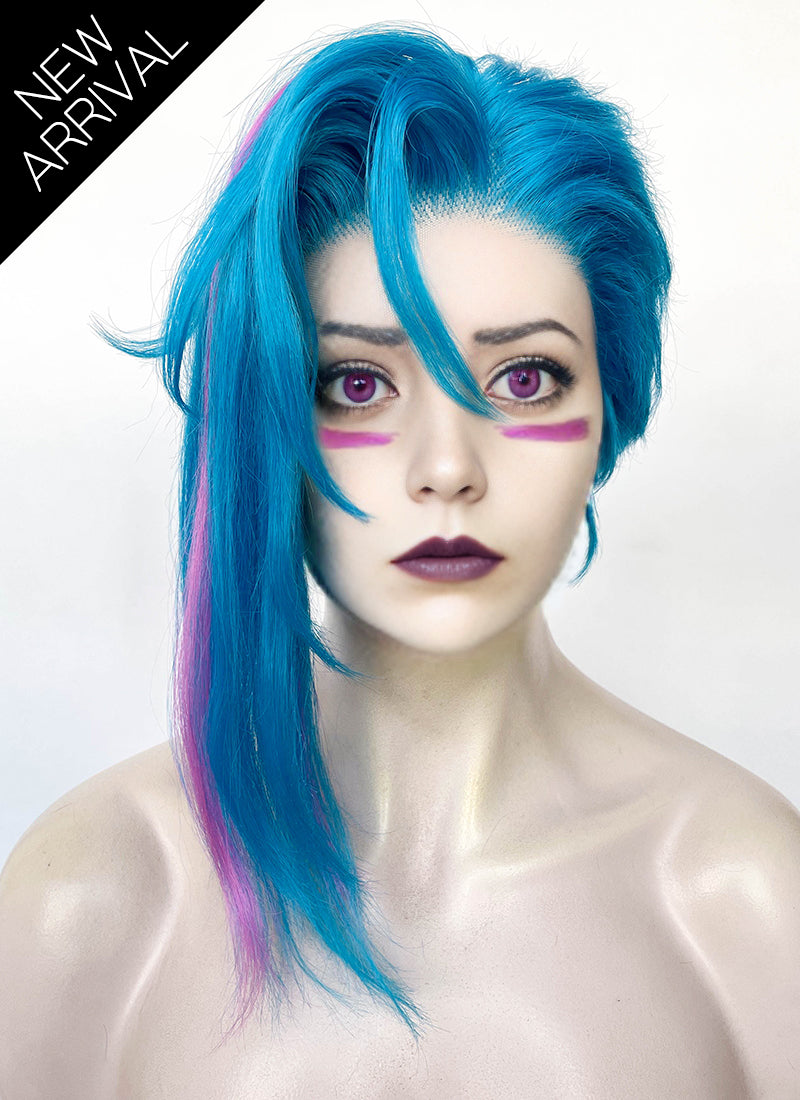 League of Legends LOL Arcane Jinx Turquoise Blue Mixed Pink Straight Lace Front Synthetic Wig LF6097