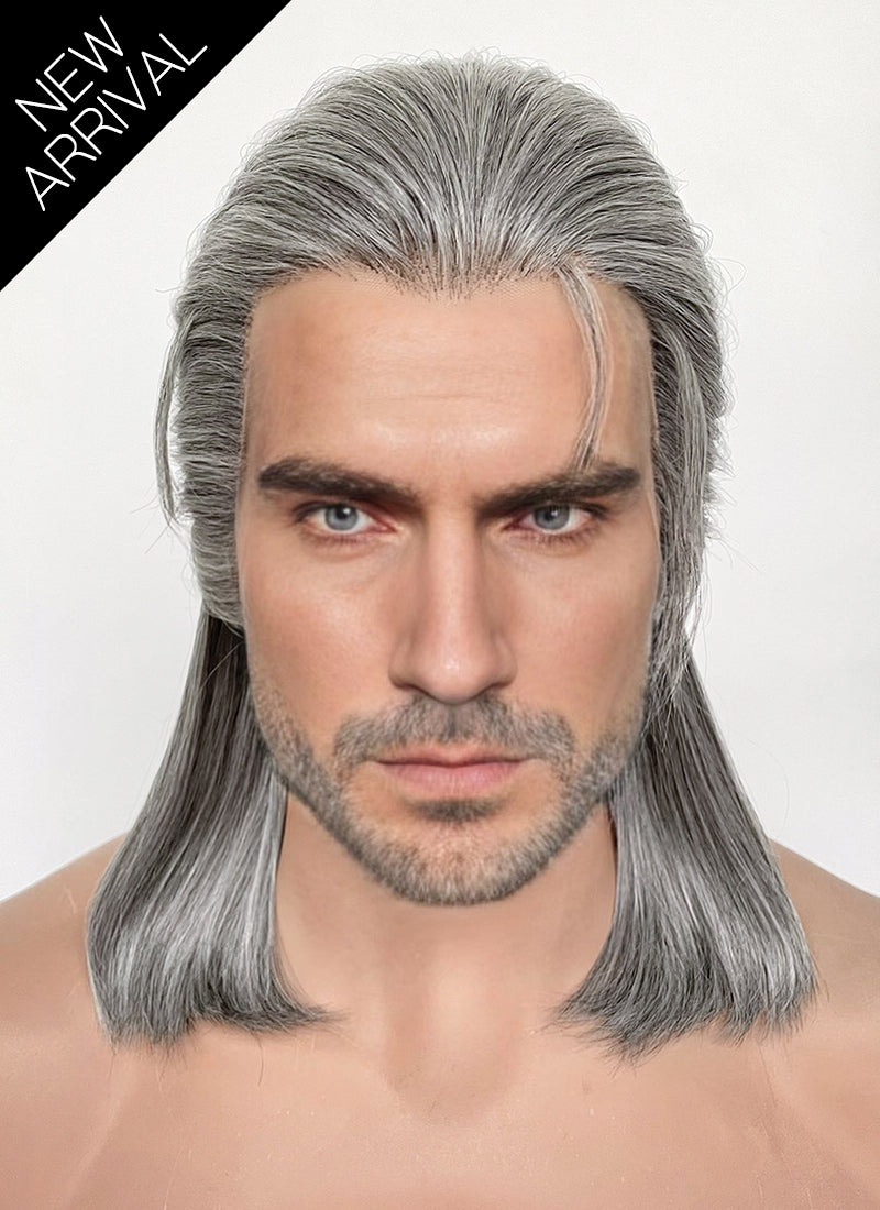 The Witcher 3 Geralt of Rivia Mixed Grey Straight Lace Front Synthetic Men's Wig LFK5566