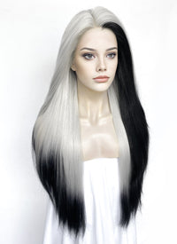 Grey Mixed Black Straight Lace Front Synthetic Wig LN6039