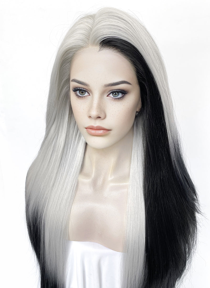 Grey Mixed Black Straight Lace Front Synthetic Wig LN6039