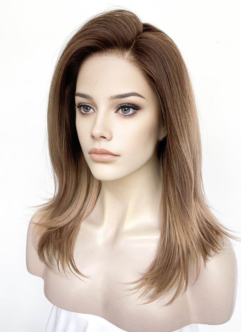 Brown With Dark Roots Straight Lace Front Synthetic Wig LW4049