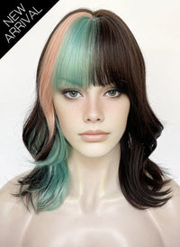 Green Pink Mixed Brunette Wavy Synthetic Hair Wig NS563