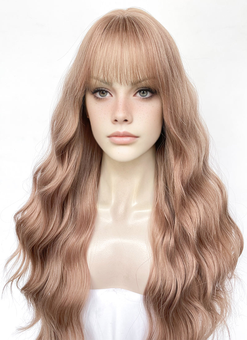 Pastel Peach Pink Wavy Synthetic Hair Wig NS567