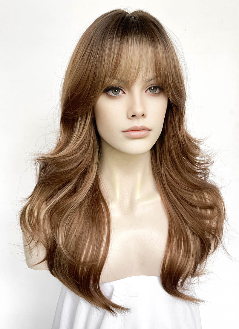 Brown Mixed Blonde With Dark Roots Wavy Synthetic Hair Wig NS592