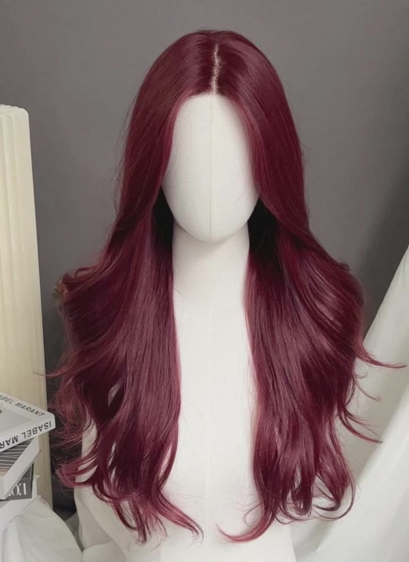 Dark Burgundy Red Curtain Bangs Wavy Lace Front Synthetic Hair Wig LF3340