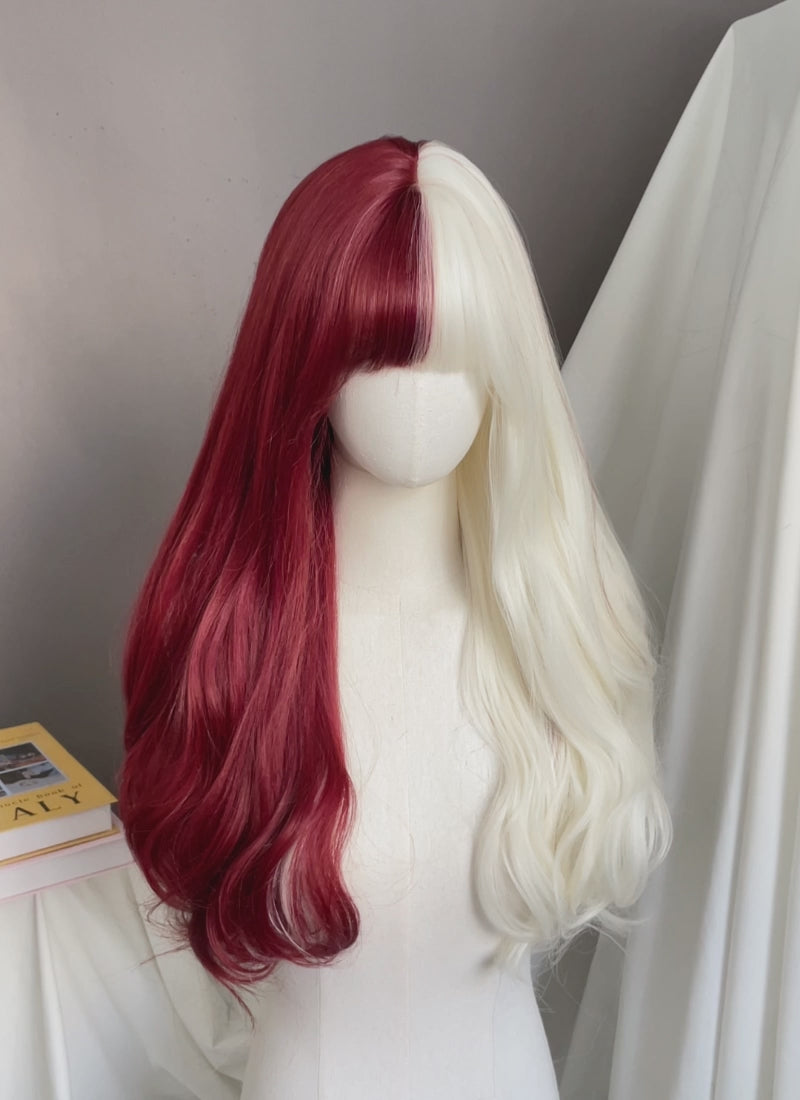 Red Blonde Split Color Wavy Synthetic Hair Wig NS594