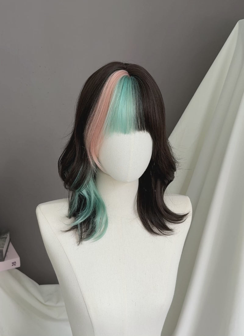 Green Pink Mixed Brunette Wavy Synthetic Hair Wig NS563