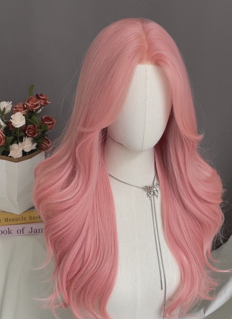 Pink Curtain Bangs Wavy Lace Front Synthetic Wig LF3347