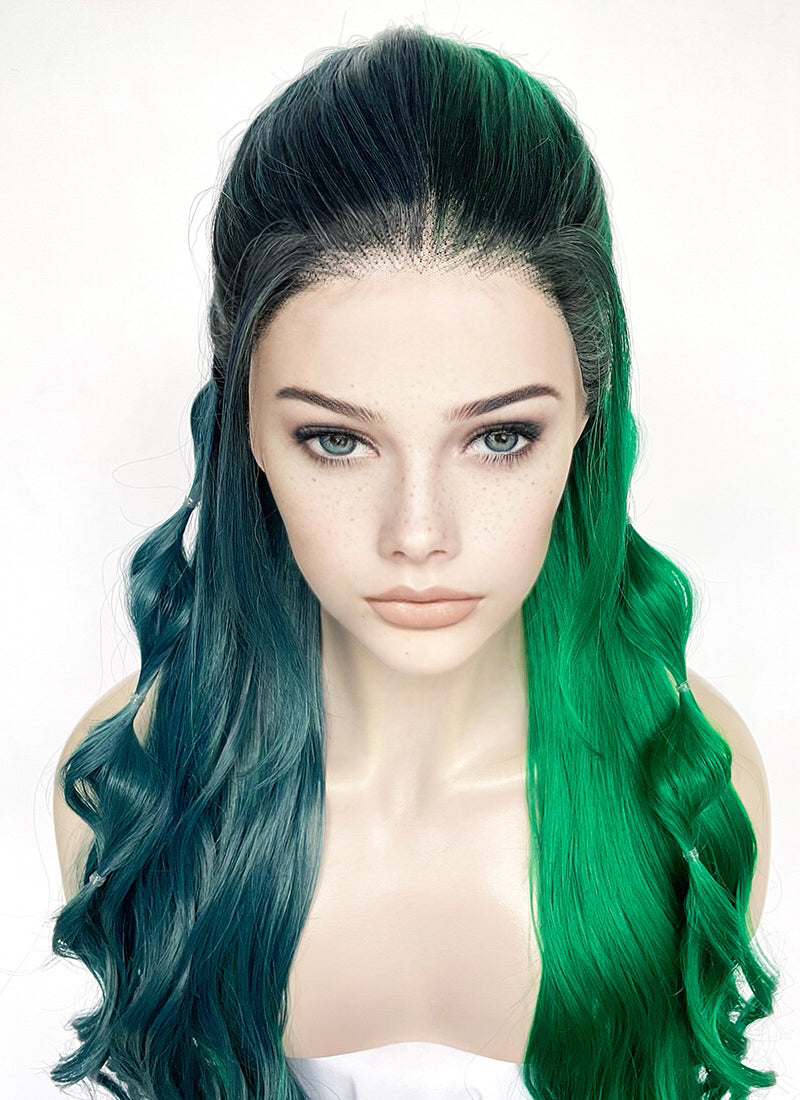 Blue Green Split Gemini Color With Dark Roots Braided Lace Front