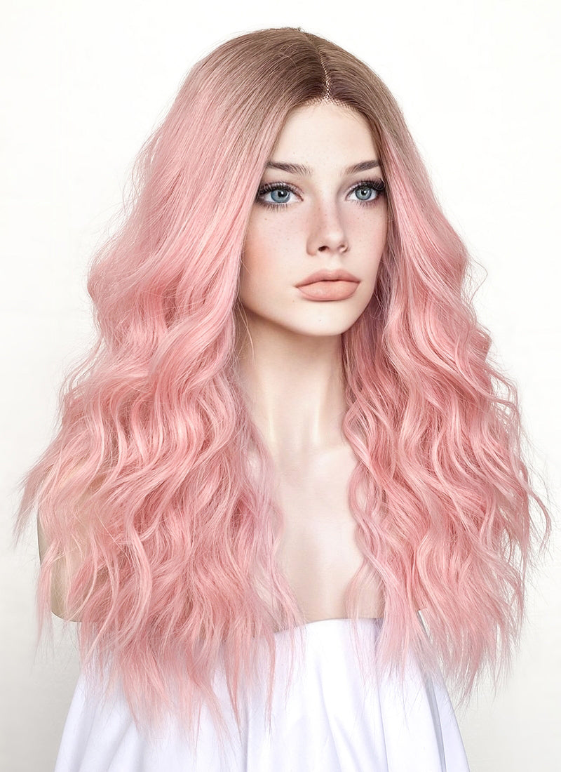 Pastel Pink With Brown Roots Wavy Lace Front Kanekalon Synthetic Wig LF3250