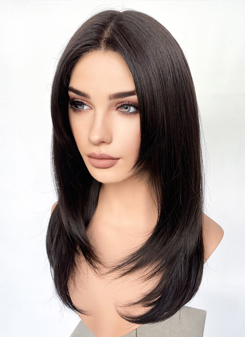 Dark Brown Curtain Bangs Straight Lace Front Synthetic Hair Wig LF3325