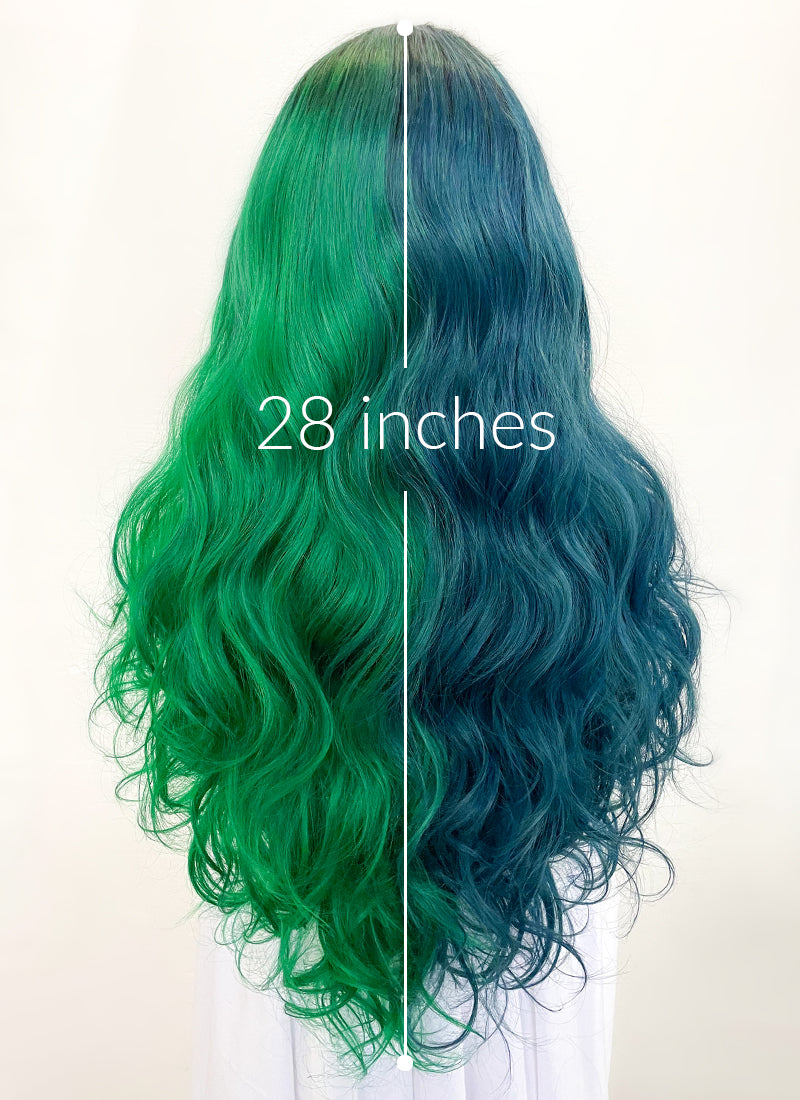 Blue Green Split Gemini Color With Dark Roots Wavy Lace Front Synthetic Wig LF5159