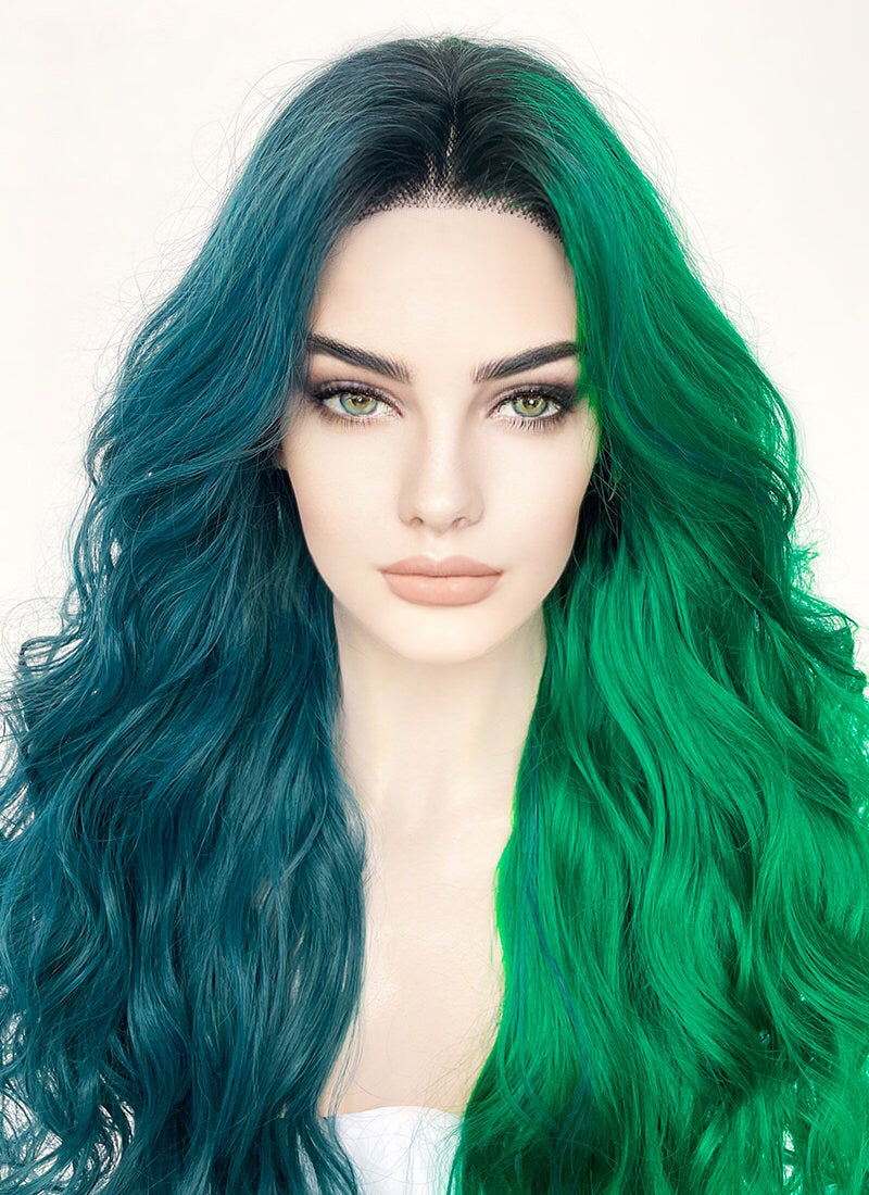 Blue Green Split Gemini Color With Dark Roots Lace Front Wig