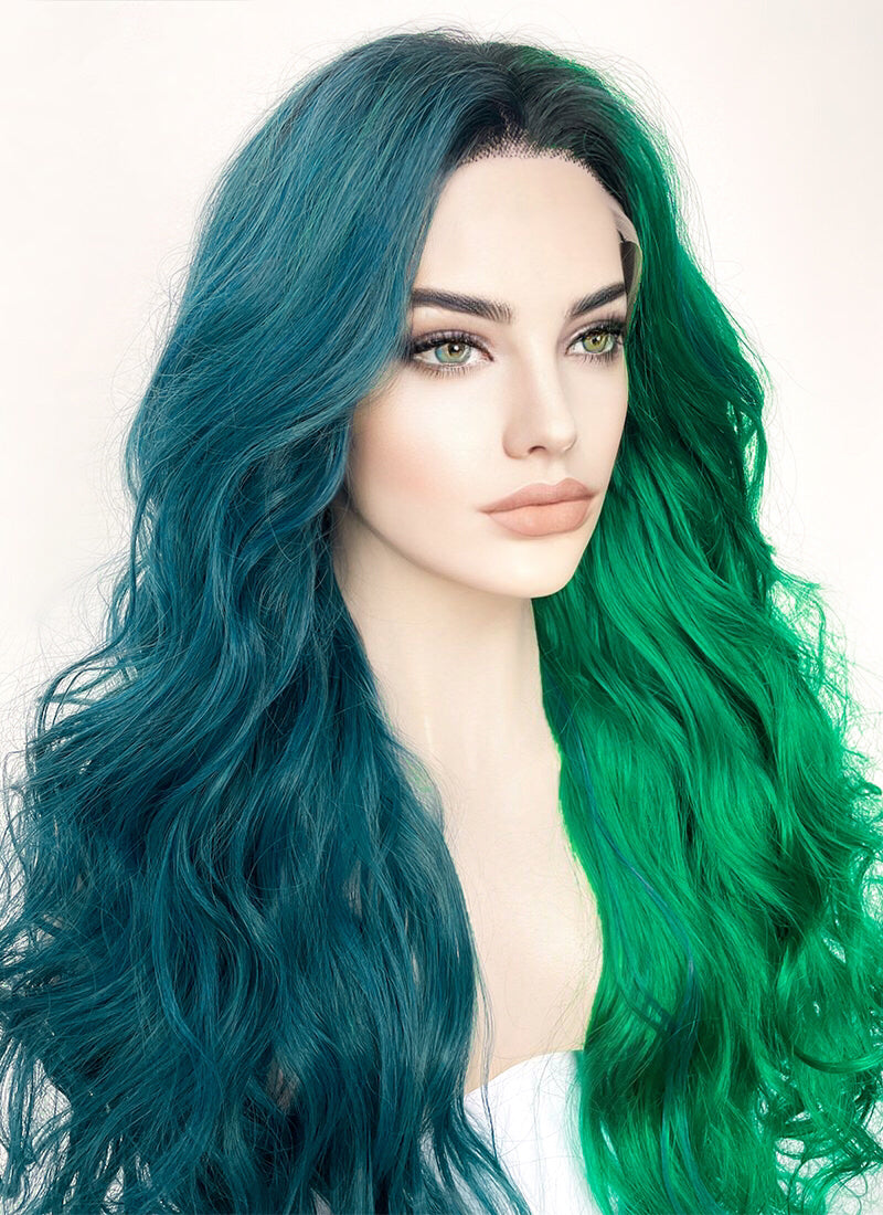 Blue Green Split Gemini Color With Dark Roots Wavy Lace Front Synthetic Wig LF5159