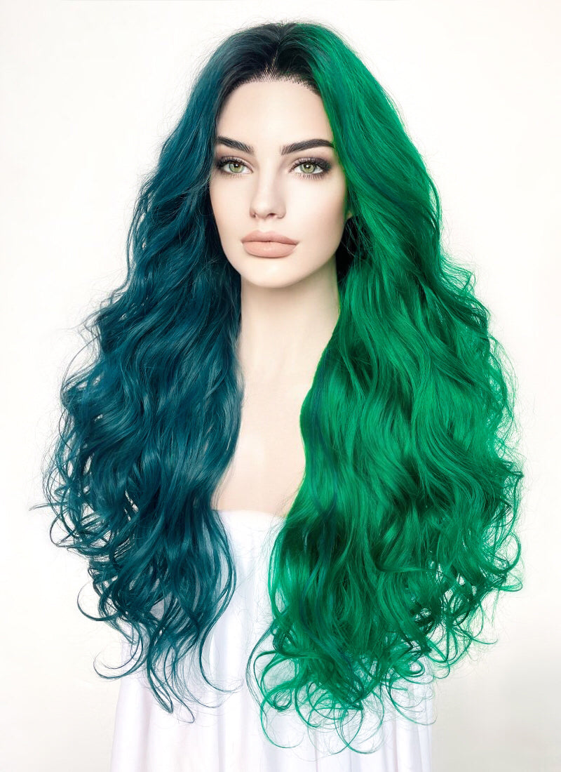 Blue Green Split Gemini Color With Dark Roots Wavy Lace Front Synthetic Wig LF5159