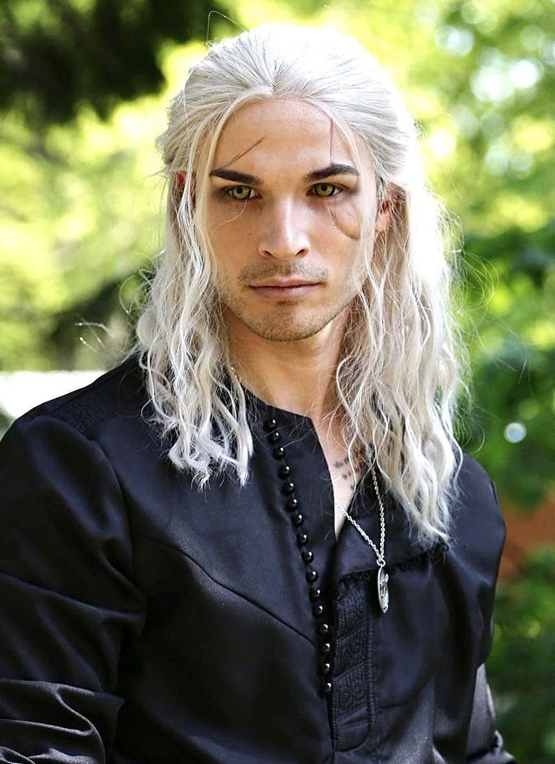 The Witcher Geralt of Rivia Silver Grey Curly Lace Front Synthetic Men s Wig LFX5127