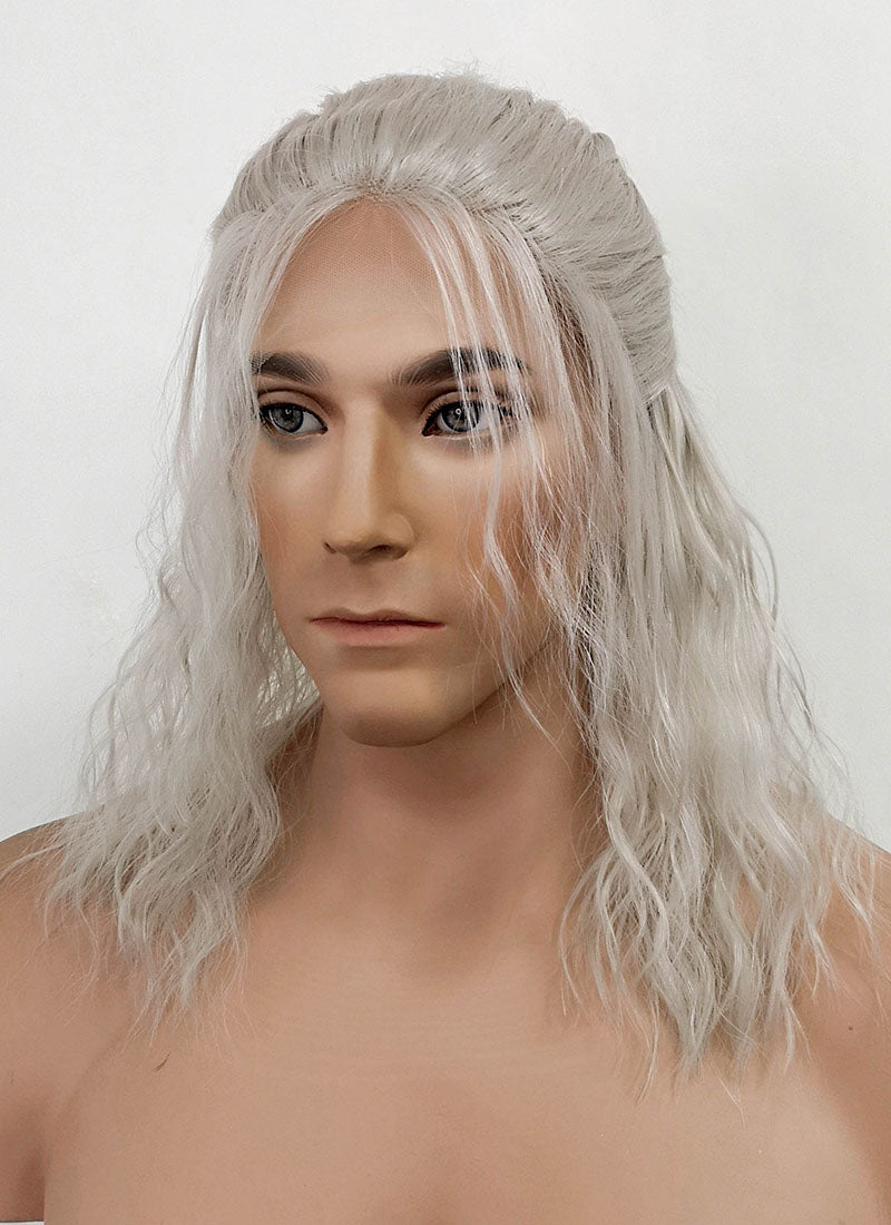 The Witcher Geralt of Rivia Silver Grey Curly Lace Front Synthetic Men s Wig LFX5127