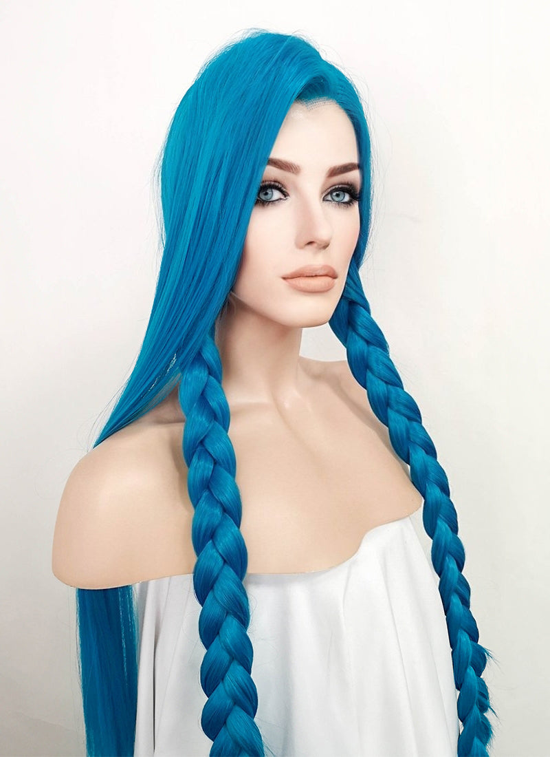 League of Legends LOL Jinx Turquoise Blue Straight Lace Front Synthetic Wig LN6020