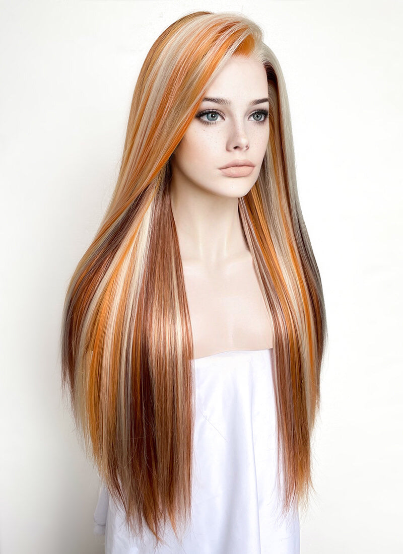 Brown With Blonde Copper Highlights Lace Front Wig WigIsFashion