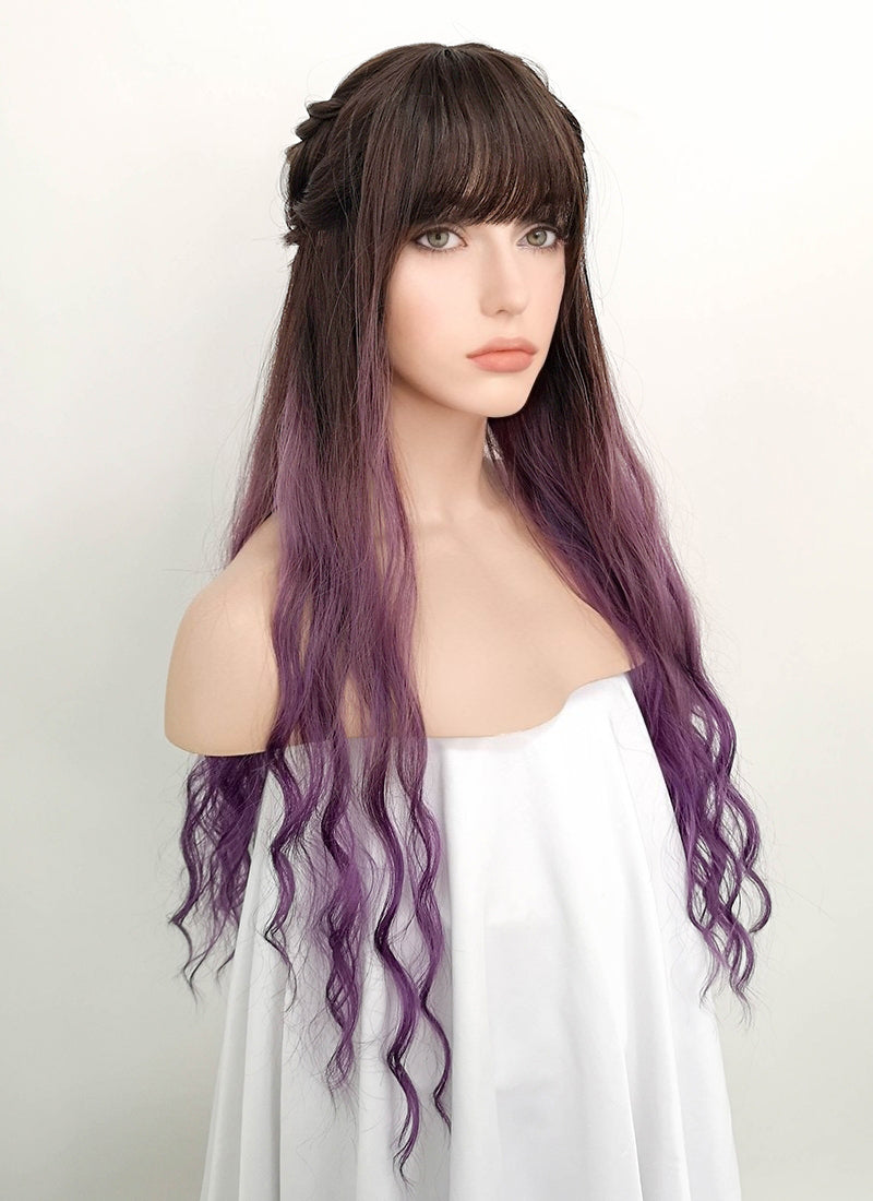 Two Tone Purple With Dark Roots Wavy Synthetic Wig NS068