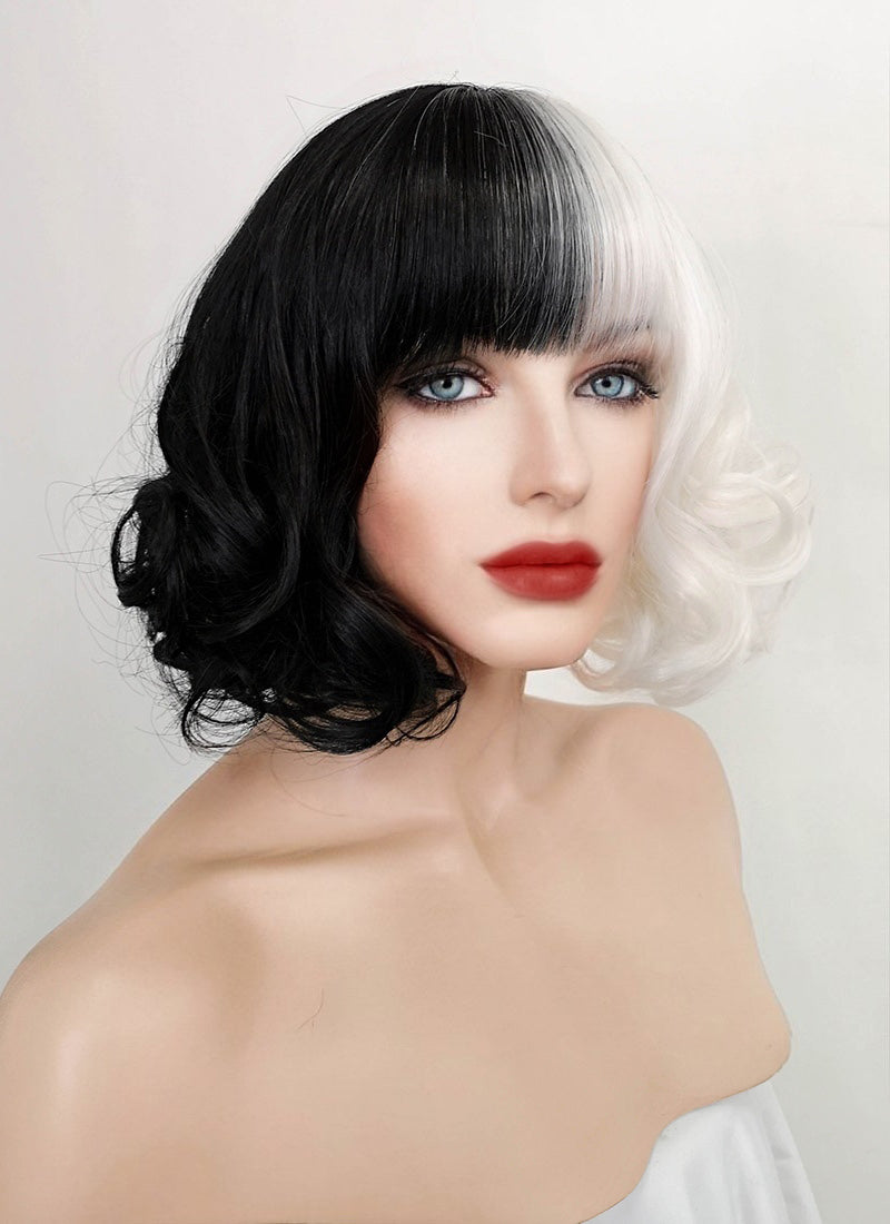 Cruella Black White Split Gemini Color Wavy Bob Synthetic Wig