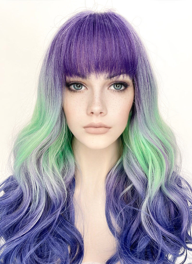 Purple Grey Green Blue Mixed Wavy Synthetic Hair Wig NS428