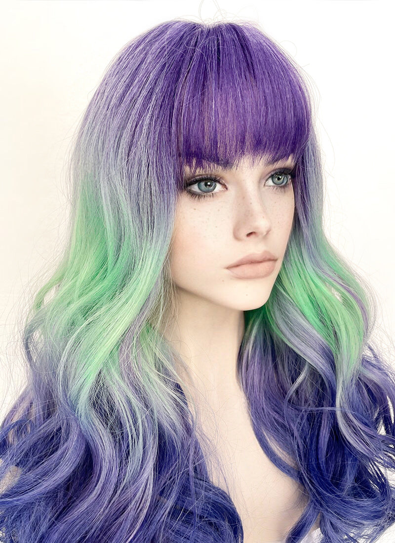 Purple Grey Green Blue Mixed Wavy Synthetic Hair Wig NS428