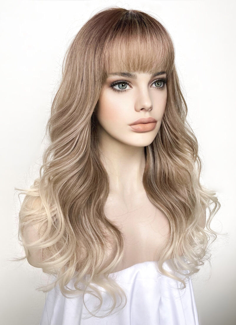 Mixed Blonde With Brown Roots Wavy Synthetic Hair Wig NS443