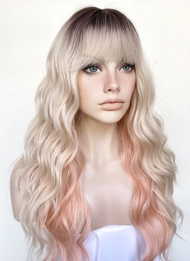 Blonde Mixed Pink With Dark Roots Wavy Synthetic Hair Wig NS486